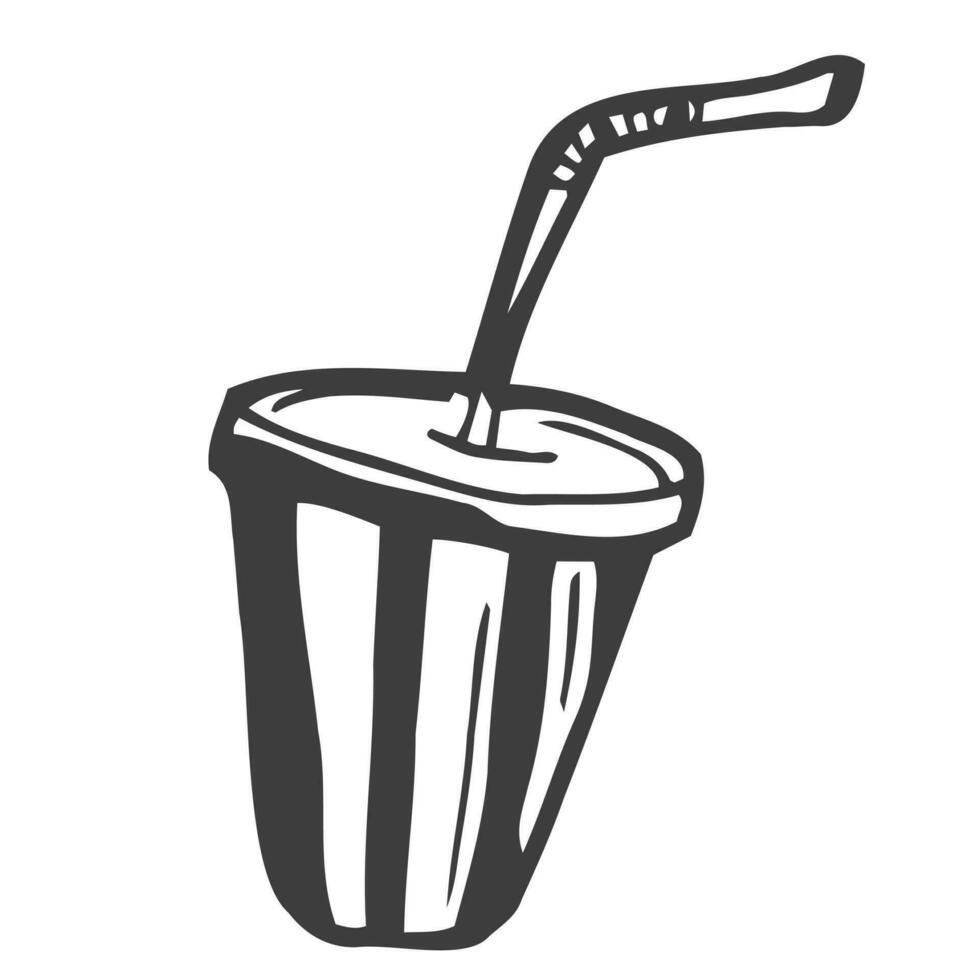 Paper Cup with Lid and Straw, Glass for Beverage Takeaway. Vector Illustration Isolated on a Black Chalkboard Background. Savoyar Doodle Style.