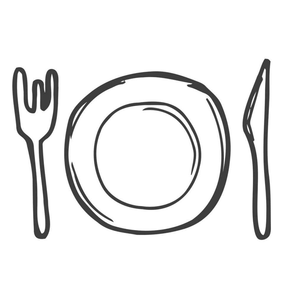 Hand drawn plate, fork, knife, spoon. For menu illustration vector