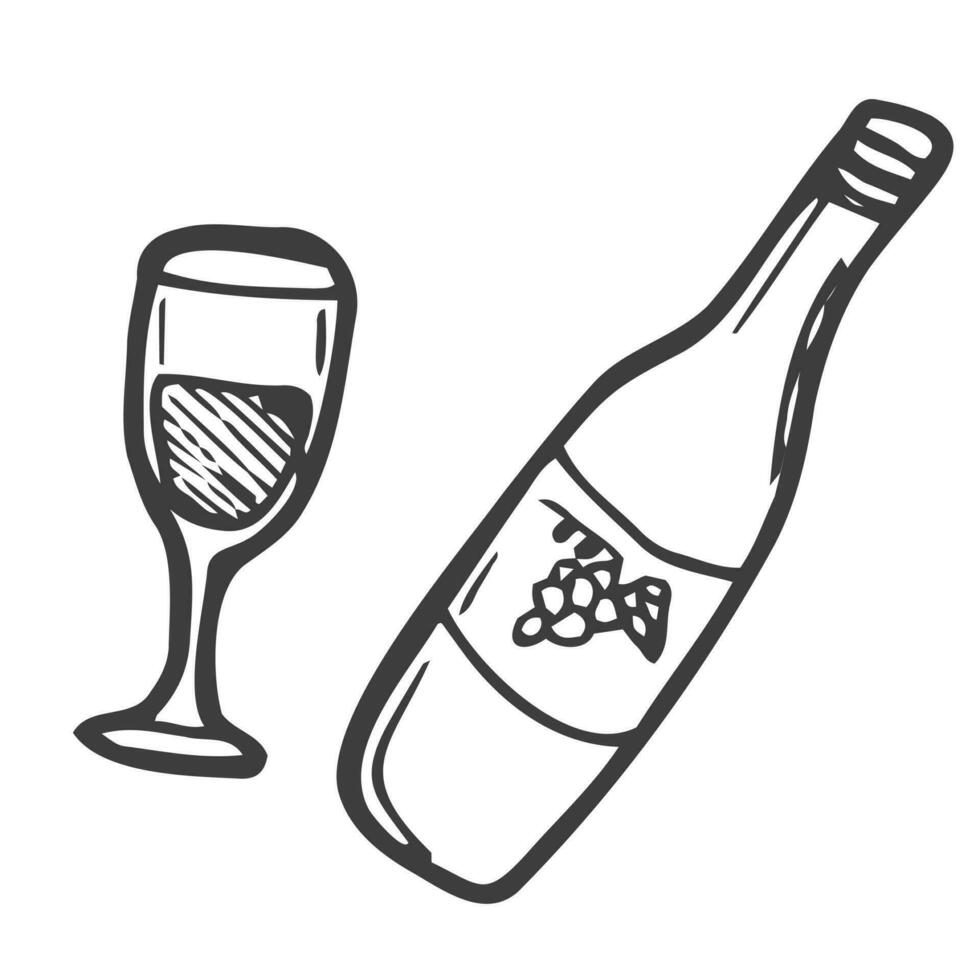 Vector botlle and wine glass, alcohol, line art, doodle, minimalistic picture, poster, postcard.