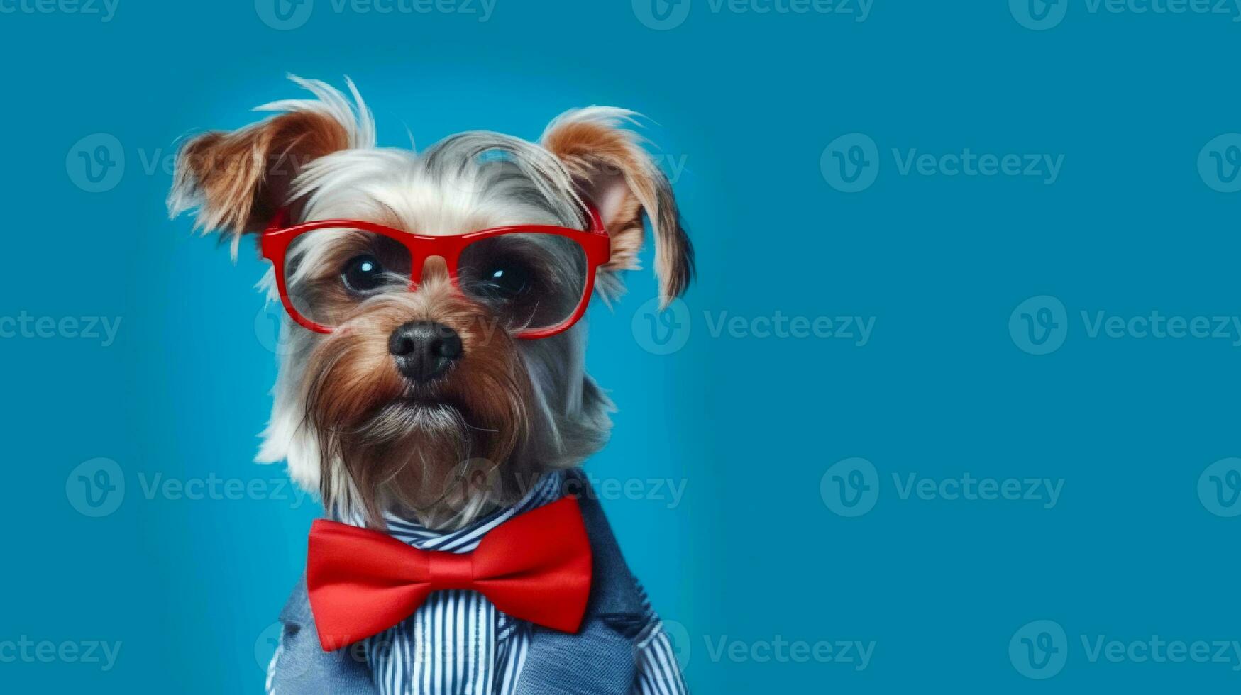 Photo of haughty yorkshire terrier using sunglasses  and office suit on white background. Generative AI