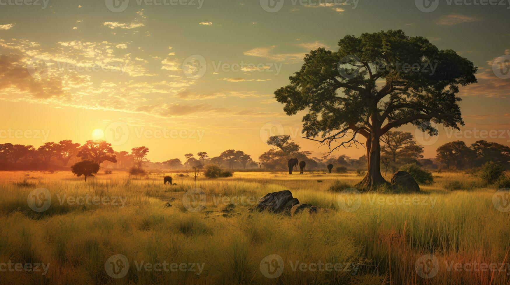 Photo of savanna at sunset. Generative AI