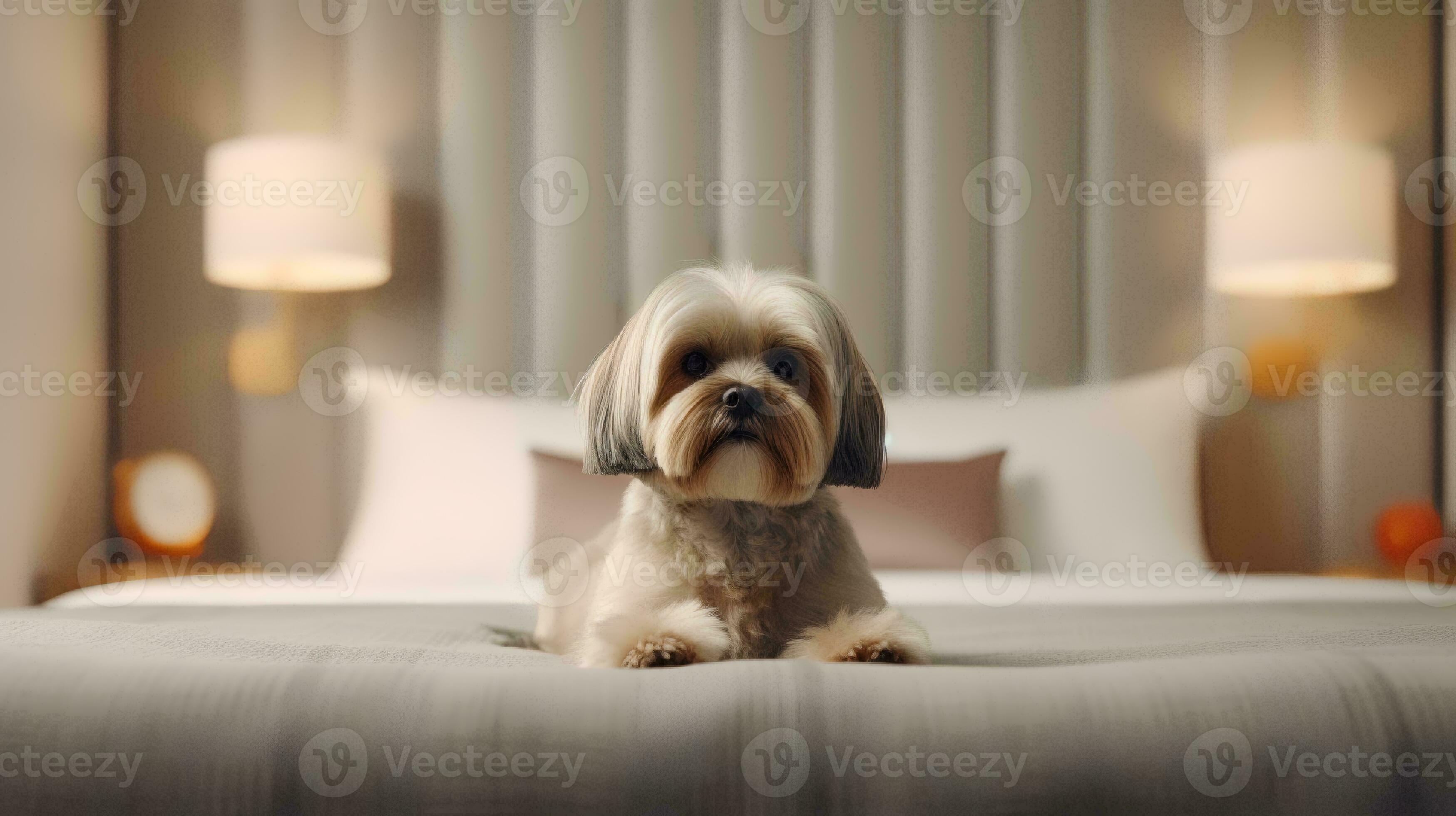 Lhasa apso dog lying on bed in hotel with contemporary interior design