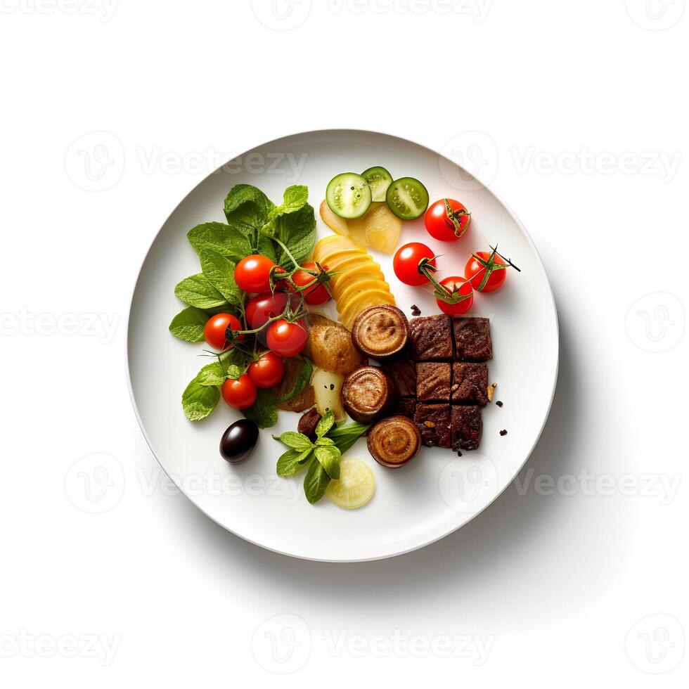 Food photography of raw food on plate isolated on white background. Generative AI photo