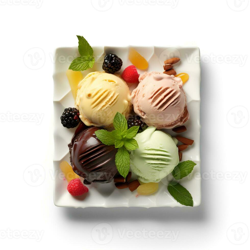 Photo of Gelato on plate isolated on white background. Created by Generative AI