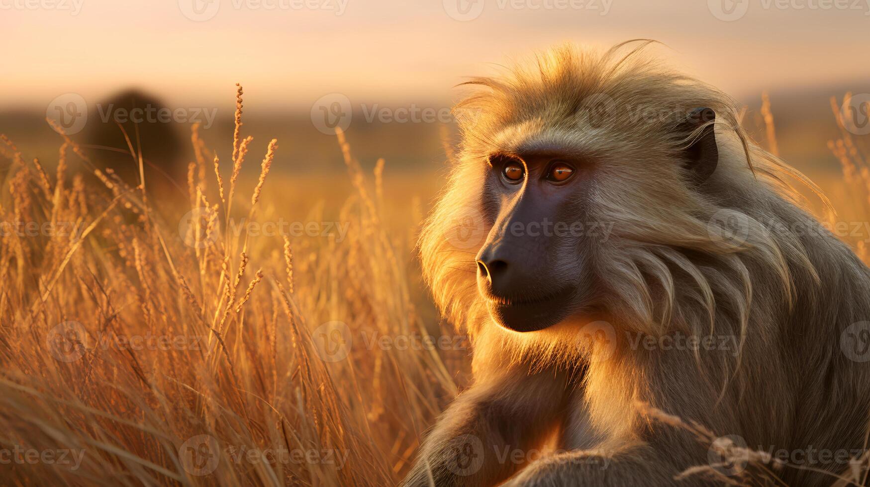 Photo of Baboon on savanna at sunset.