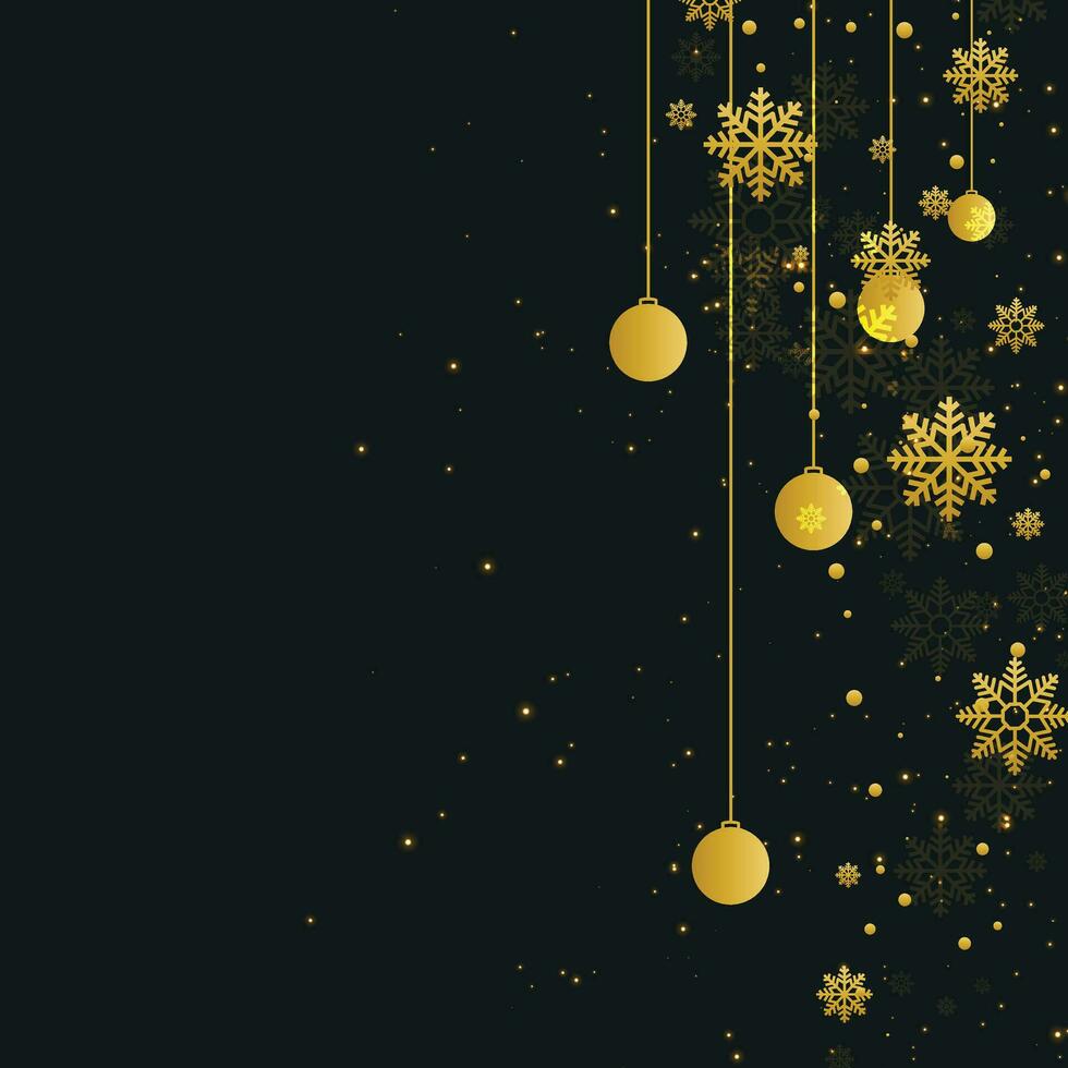Christmas luxury holiday banner with gold handwritten Merry Christmas and Happy New Year greetings and gold colored Christmas balls. Vector illustration isolated on black background