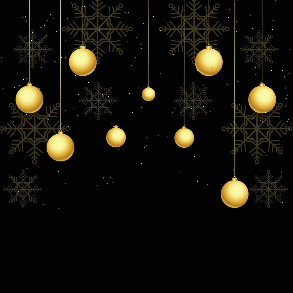 Christmas luxury holiday banner with gold handwritten Merry Christmas and Happy New Year greetings and gold colored Christmas balls. Vector illustration isolated on black background