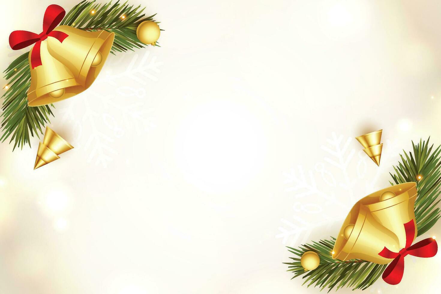 Background with golden Christmas bells, red bow and snowflakes, illustration. vector