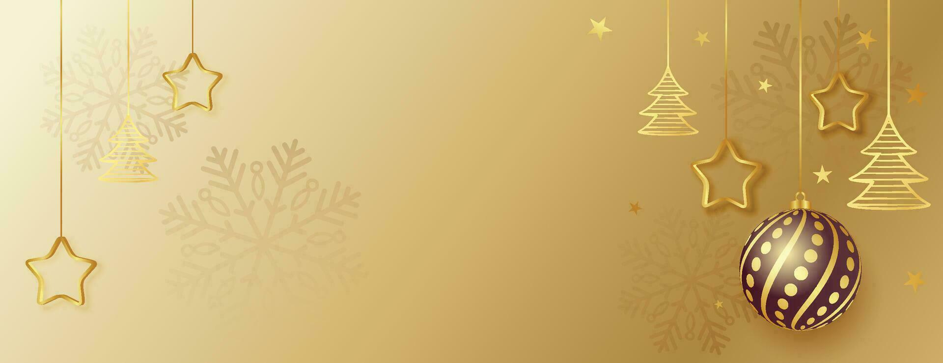Christmas background with realistic decorative holiday design objects. 3d Ceramic porcelain glass deer, gold metal snowflake, round gold label, glitter confetti. Xmas Banner and poster. Happy New Year vector