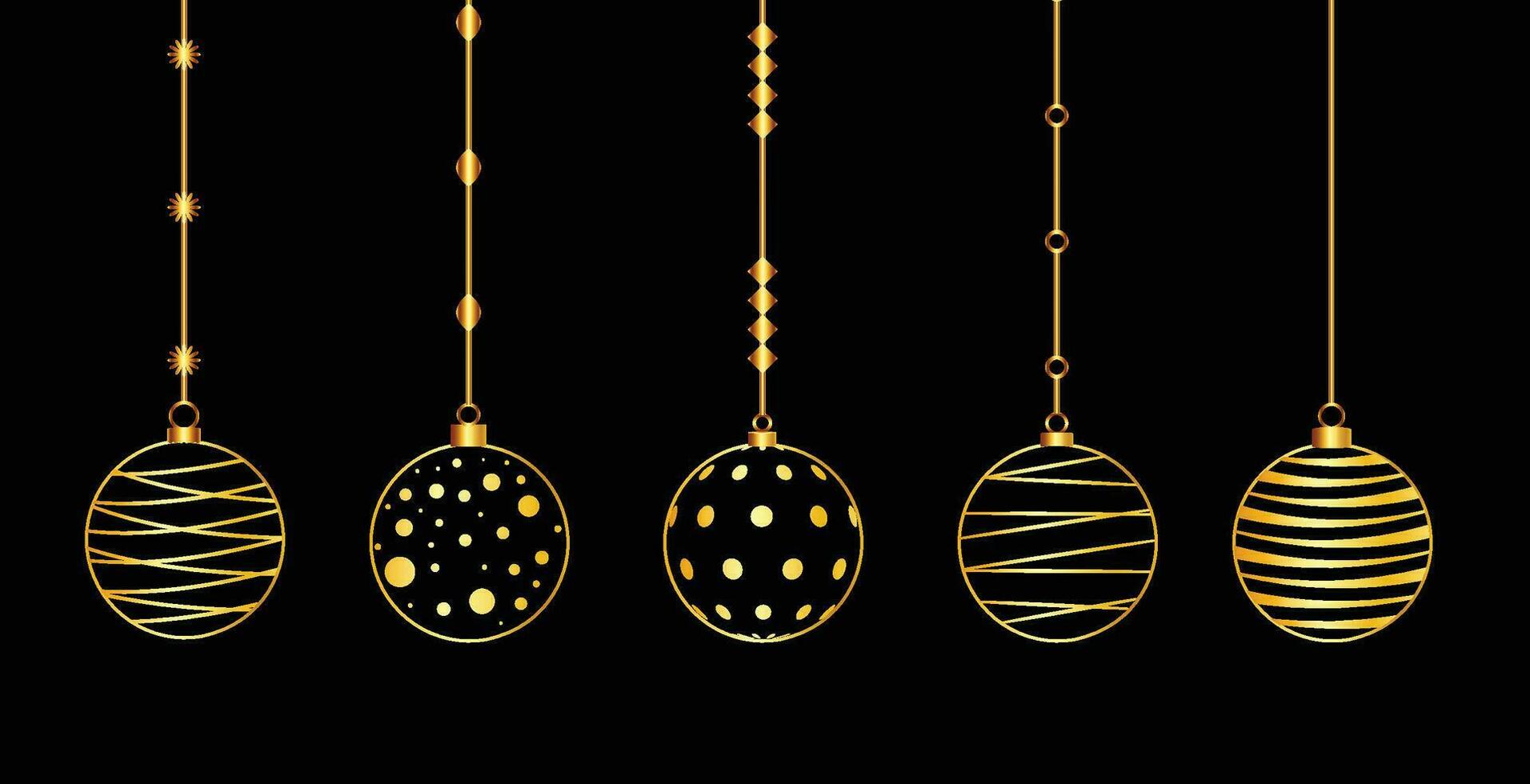 Banner de vacaciones de lujo navideño con feliz navidad y feliz año nuevo manuscrito dorado y bolas navideñas de color dorado. ilustración vectorial aislado sobre fondo negro vector