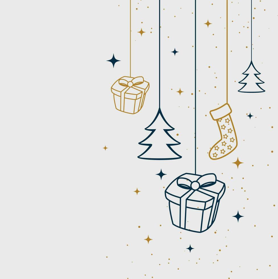 Continuous line hanging christmas tree, gift box, star, love, christmas hat and sock. Merry Christmas and Happy New Year theme isolated on white background. Hand-drawn line art minimalism design vector