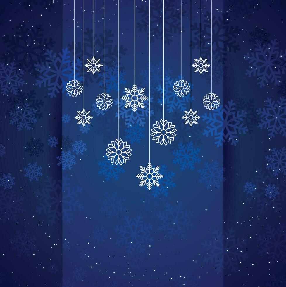 Sparse snowfall Christmas background. Subtle flying snow flakes and stars on dark blue night background. Beautiful winter silver snowflake overlay template. Delicate vector illustration.