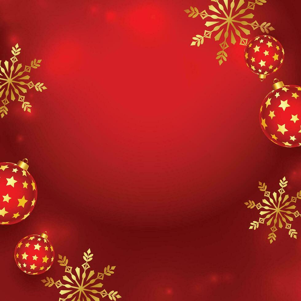 Christmas background with shining stars, confetti, garland and colorful balls. New year and Christmas vector card illustration on red background