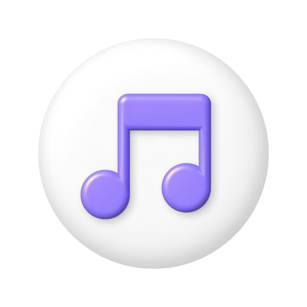 Purple music note icon on white button. 3d cartoon vector illustration.
