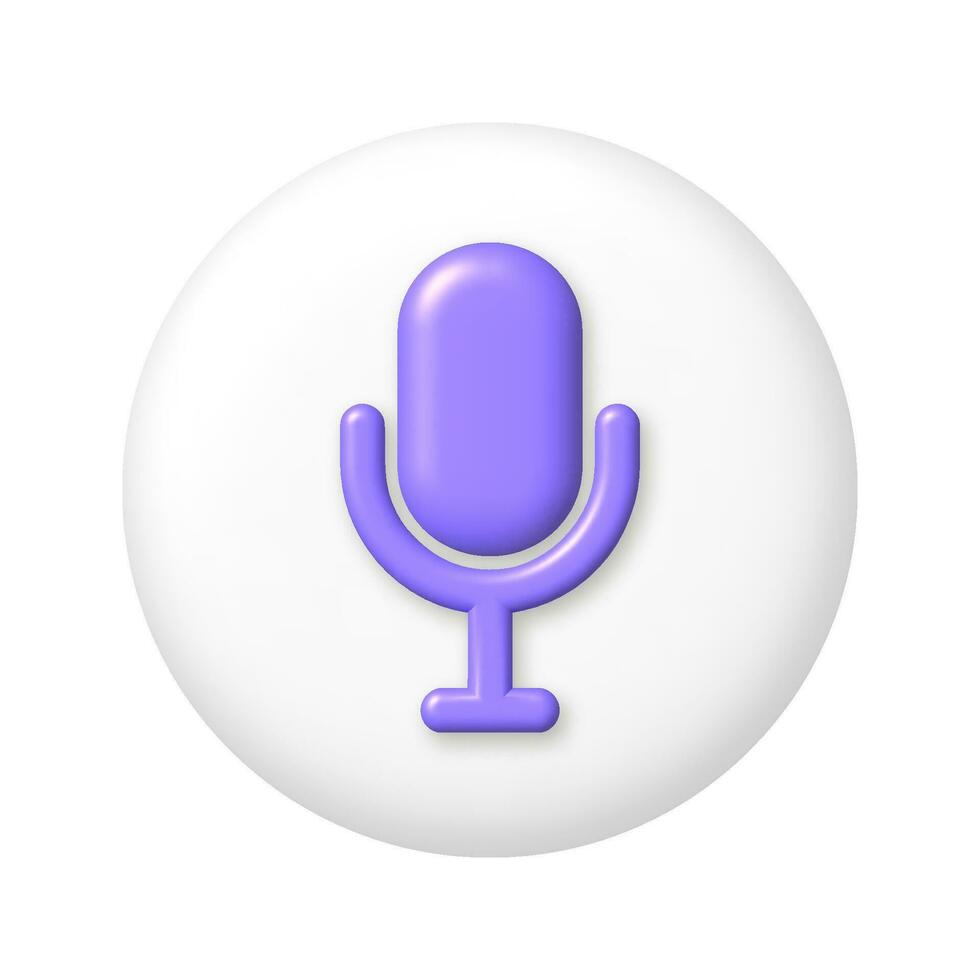 Purple microphone icon on white button. 3d cartoon vector illustration.