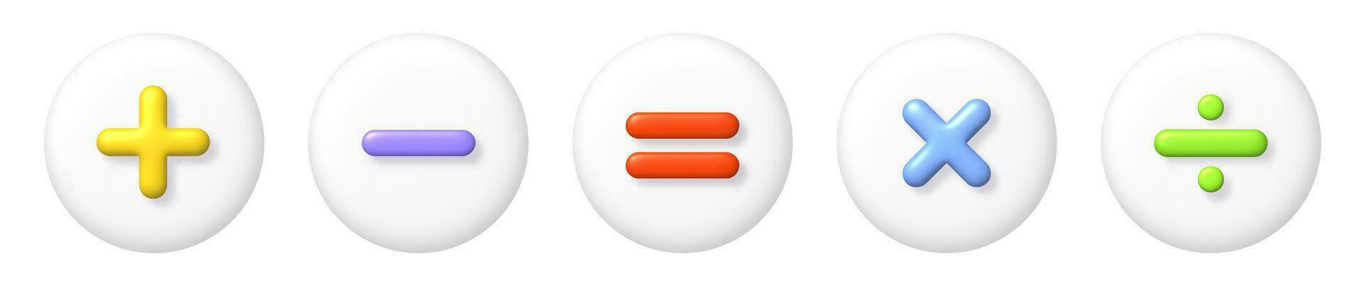 Math 3D icons set. Multicolor arithmetic plus, minus, equals, multiply and divide signs on white buttons. vector illustration.