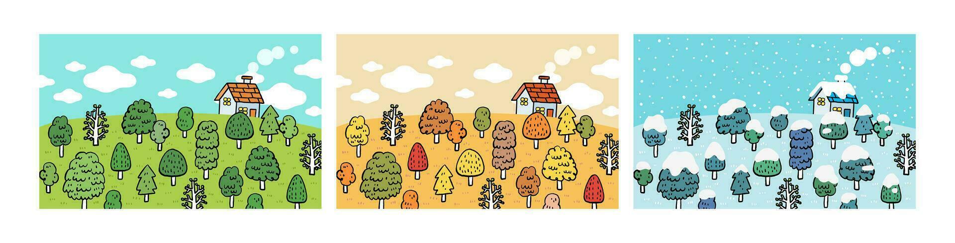 vector línea dibujar campo con pequeño casa con diferente estación, primavera, otoño, caer, invierno, nieve