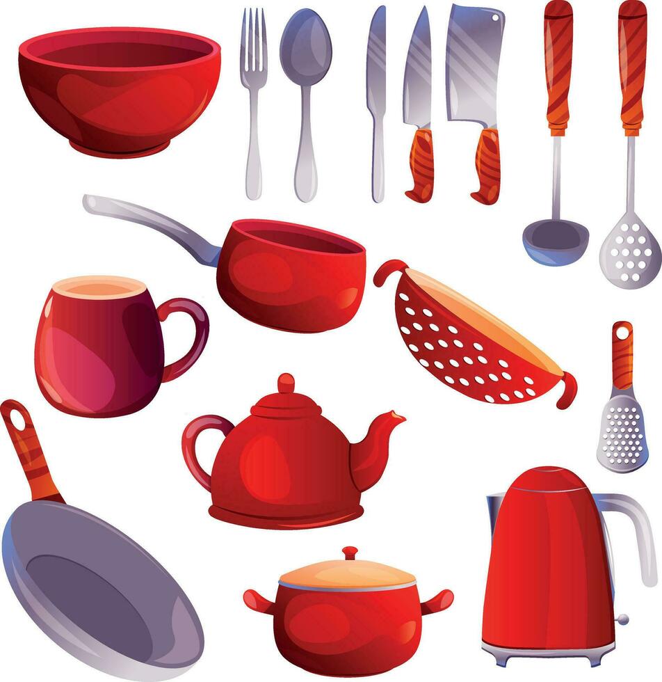 Kitchenware, kitchen utensil cartoon vector illustrations set. Red and silver icons for menues, apps and websites