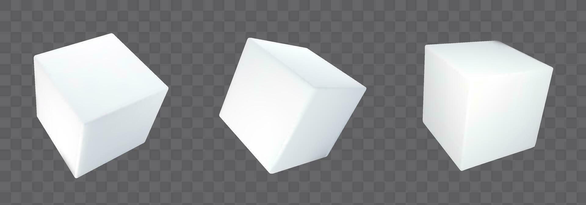 3d blanco cubo caja aislado vector. blanco papel sólido forma perspectiva ángulo ver colocar. sencillo medicina o cosmético lado regalo envase girar recopilación. realista producto paquete hacer diseño. vector