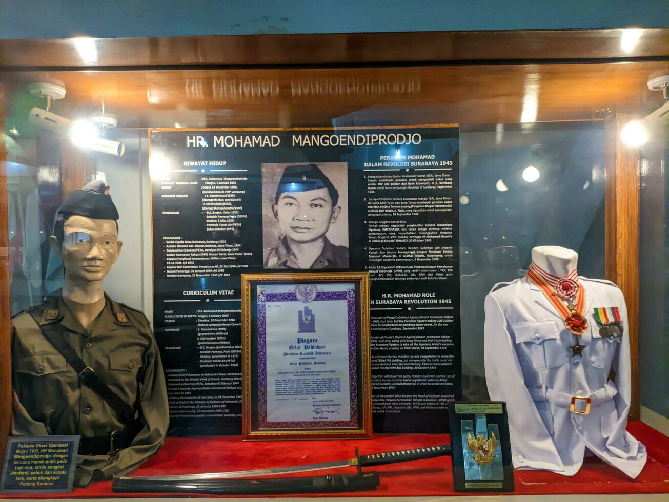 profile of Indonesian hero, mohamad mangoendiprodjo, in sepuluh nopember museum. Surabaya, indonesia - may, 2023 photo