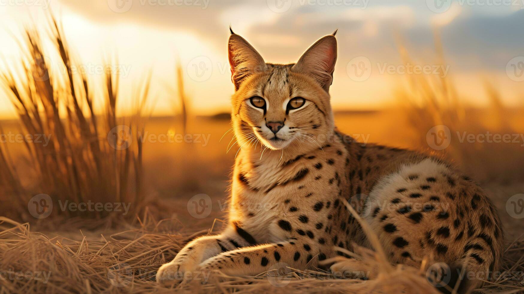 Photo of Serval on savanna at sunset. Generative AI