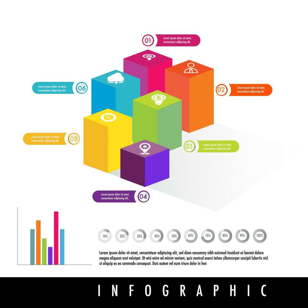 infographic template 6 box graph for business direction, marketing strategy, vector