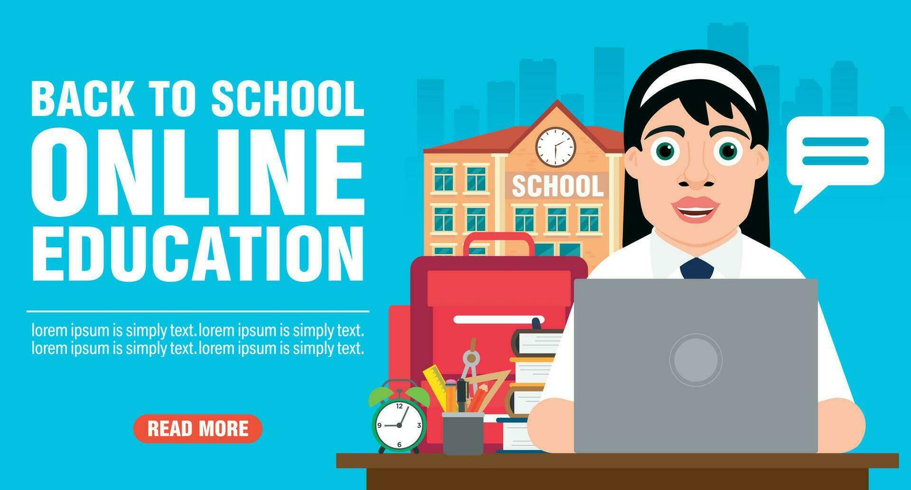 Back to school. Online education flat design banner with girl vector