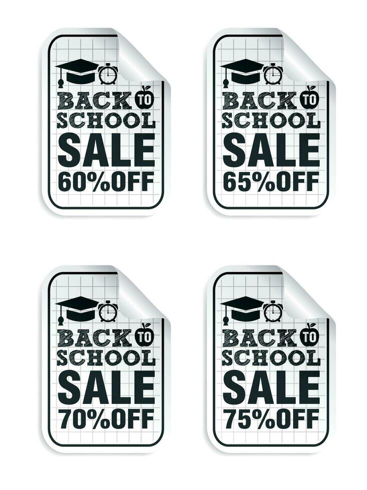 Back to school sale 60, 65, 70, 75 off discount white stickers set vector