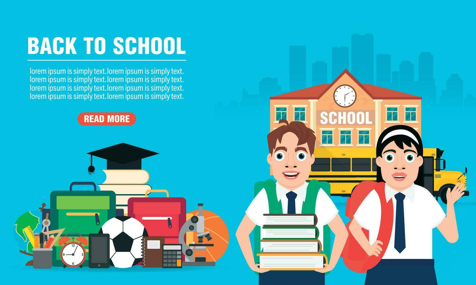 Back to school concept design flat banner with girl and boy in school uniform vector