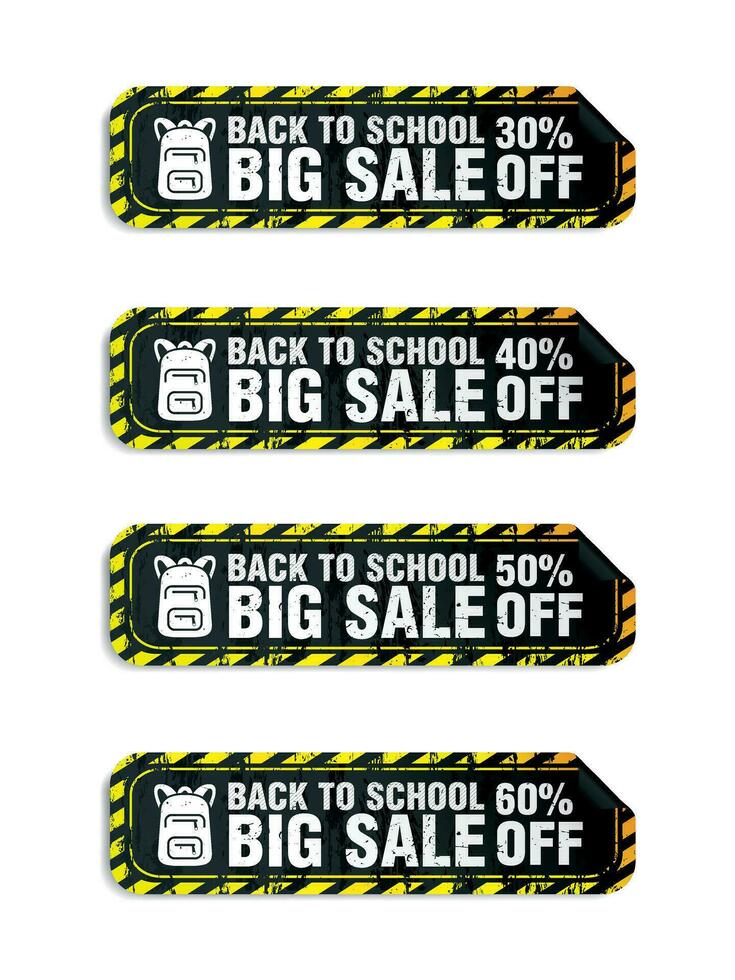 Back to school big sale 30, 40, 50, 60 off discount, black grunge stickers set vector