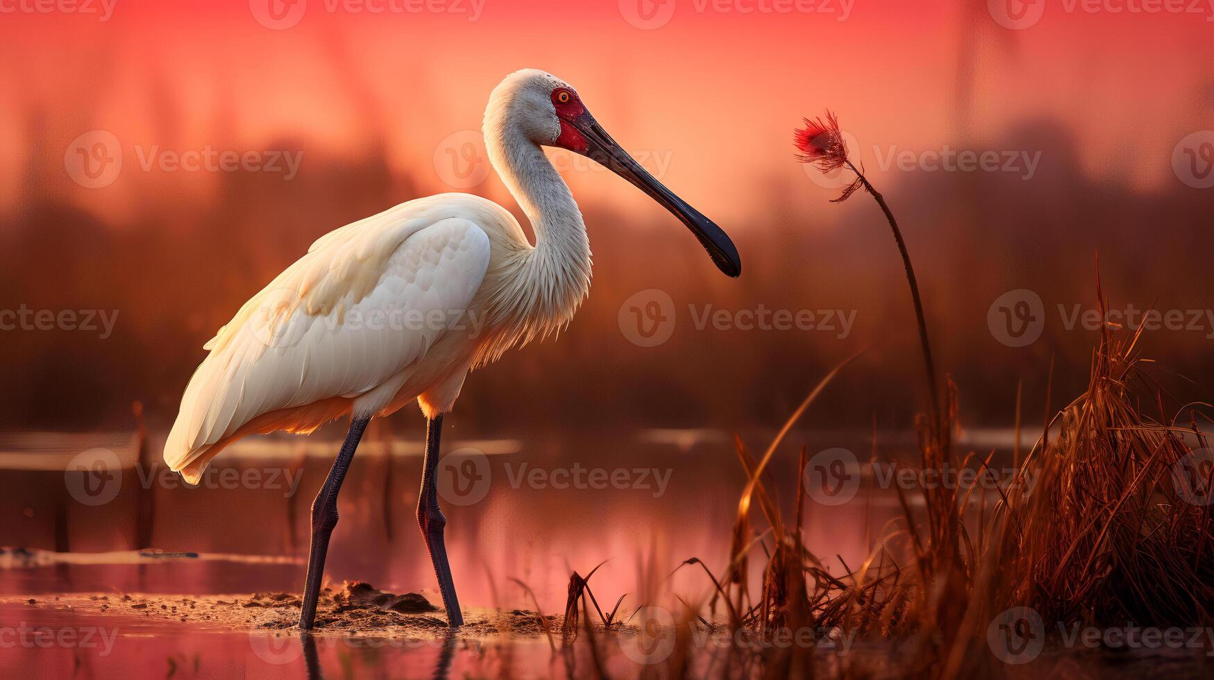 Photo of African Spoonbill on savanna at sunset. Generative AI