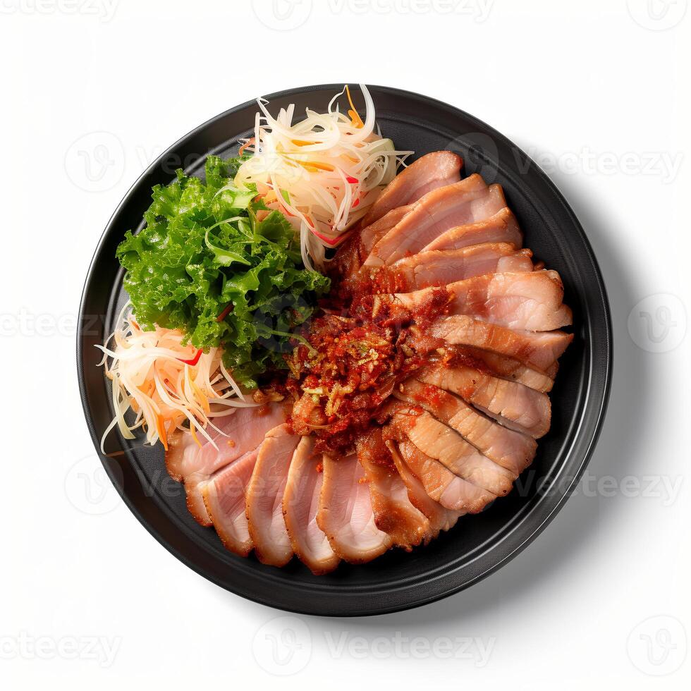 Food photography of Samgyeopsal on plate isolated on white background. photo