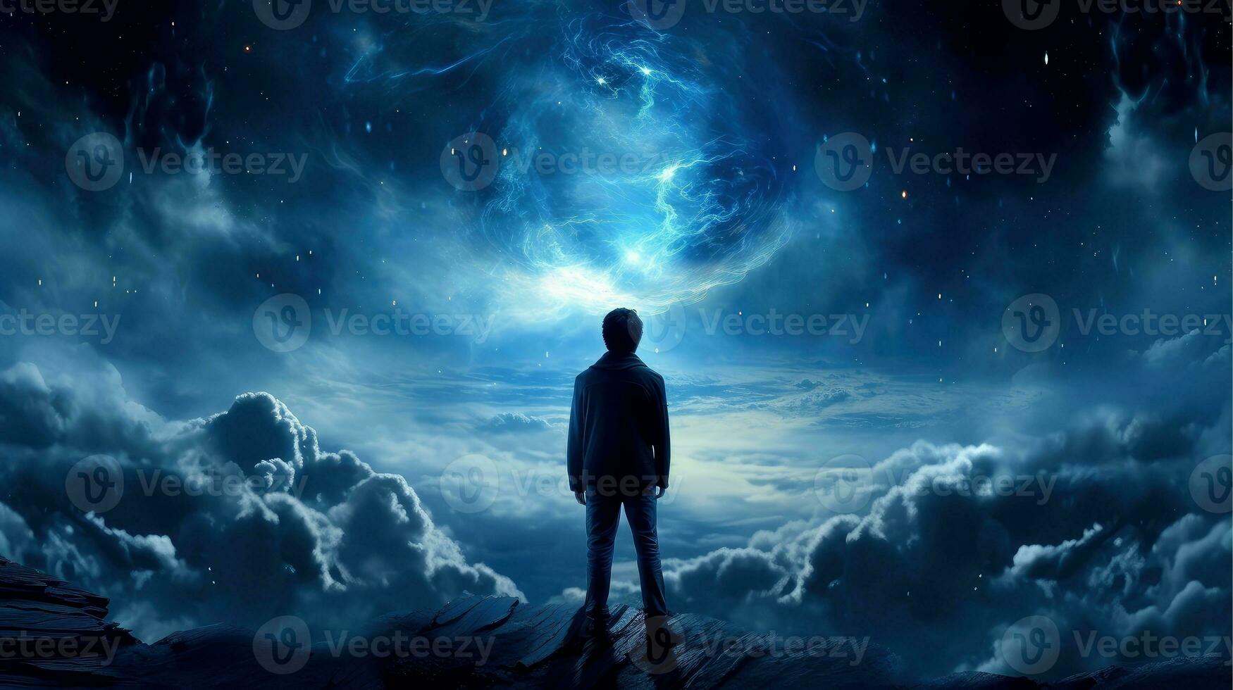 Human looking at the universe, Psychic waves experimentation, Generative AI illustration photo
