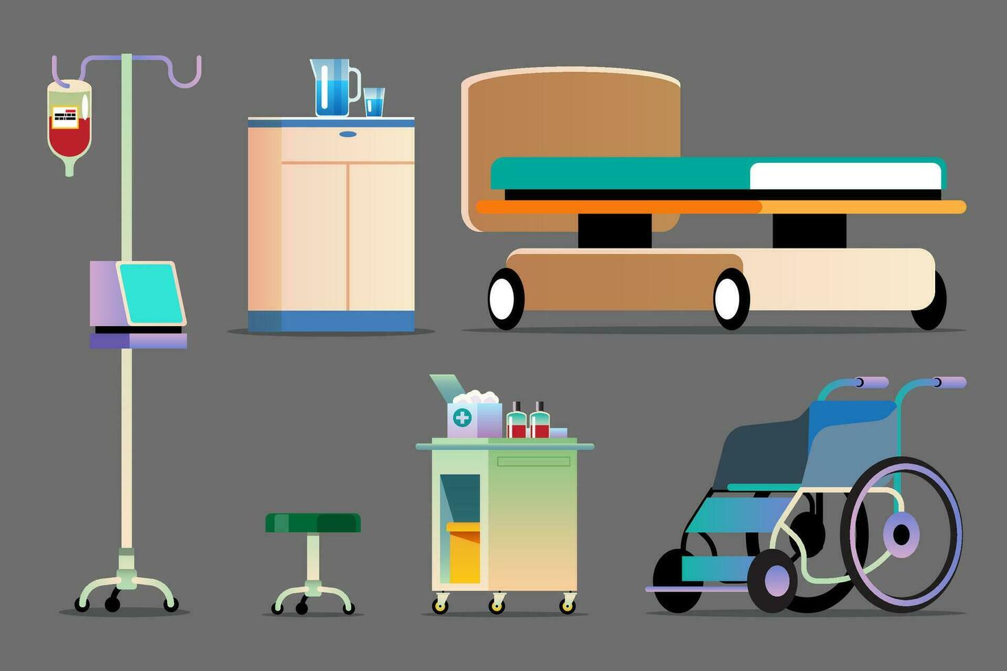 Illustration of a set of hospital equipment including a stretcher, bedside table, wheelchair. vector