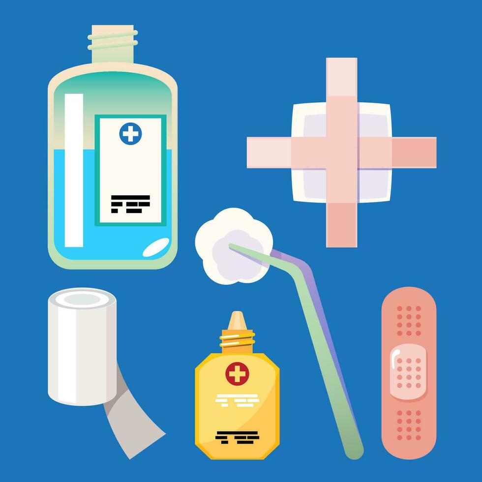 Set of medical icons in flat style. rubbing alcohol, cotton, bandage, Vector illustration for your design.