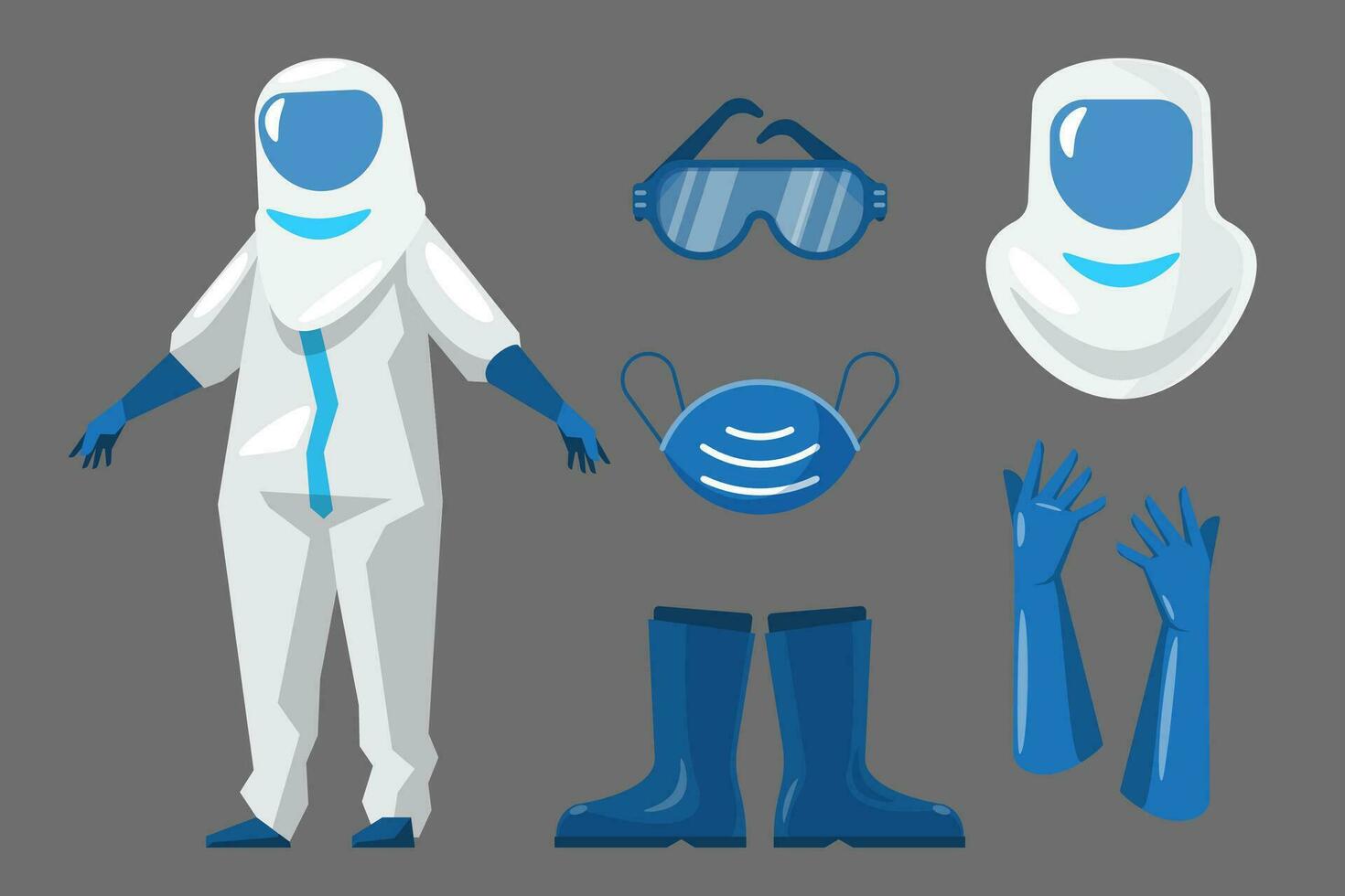 Vector illustration of a set of Personal Protective Equipment. shoes, mask, glasses, Different types of outerwear.