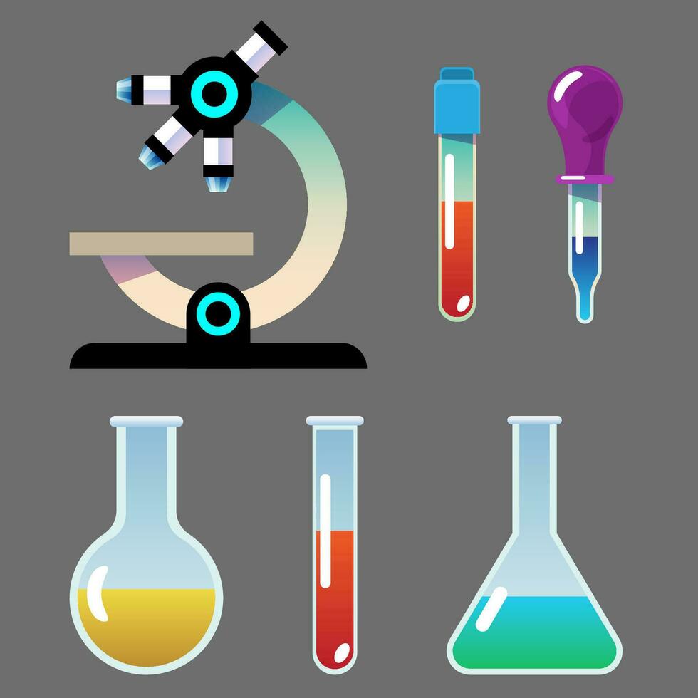 microscopio en mesa. herramientas para químico y biológico investigación. Ciencias íconos colocar. vector ilustración de microscopio, prueba tubo y matraz.