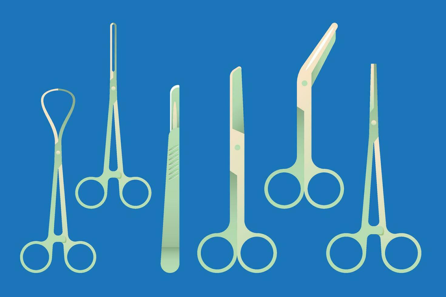 Set of surgical instruments on blue background. Vector illustration in flat style.