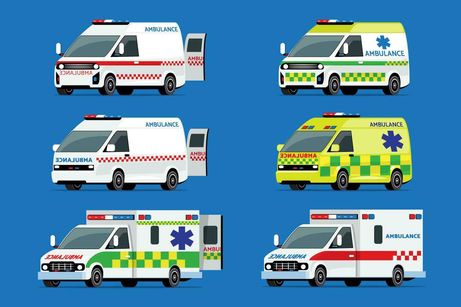 Ambulance car rescue set. 911 emergency disaster vehicle, modern van-based transport with warning lights and sirens for urgent help. vector