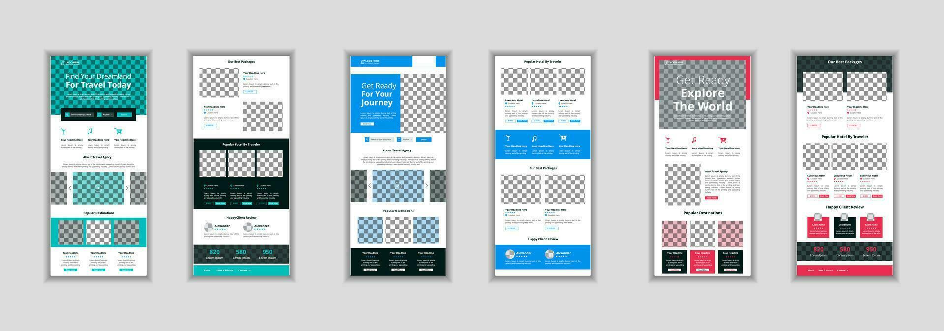 A email marketing newsletter template for Travel and Tourism agency business. or travel landing page for minimal e commerce UI web template exclusively built to marketing and promotion your business. vector