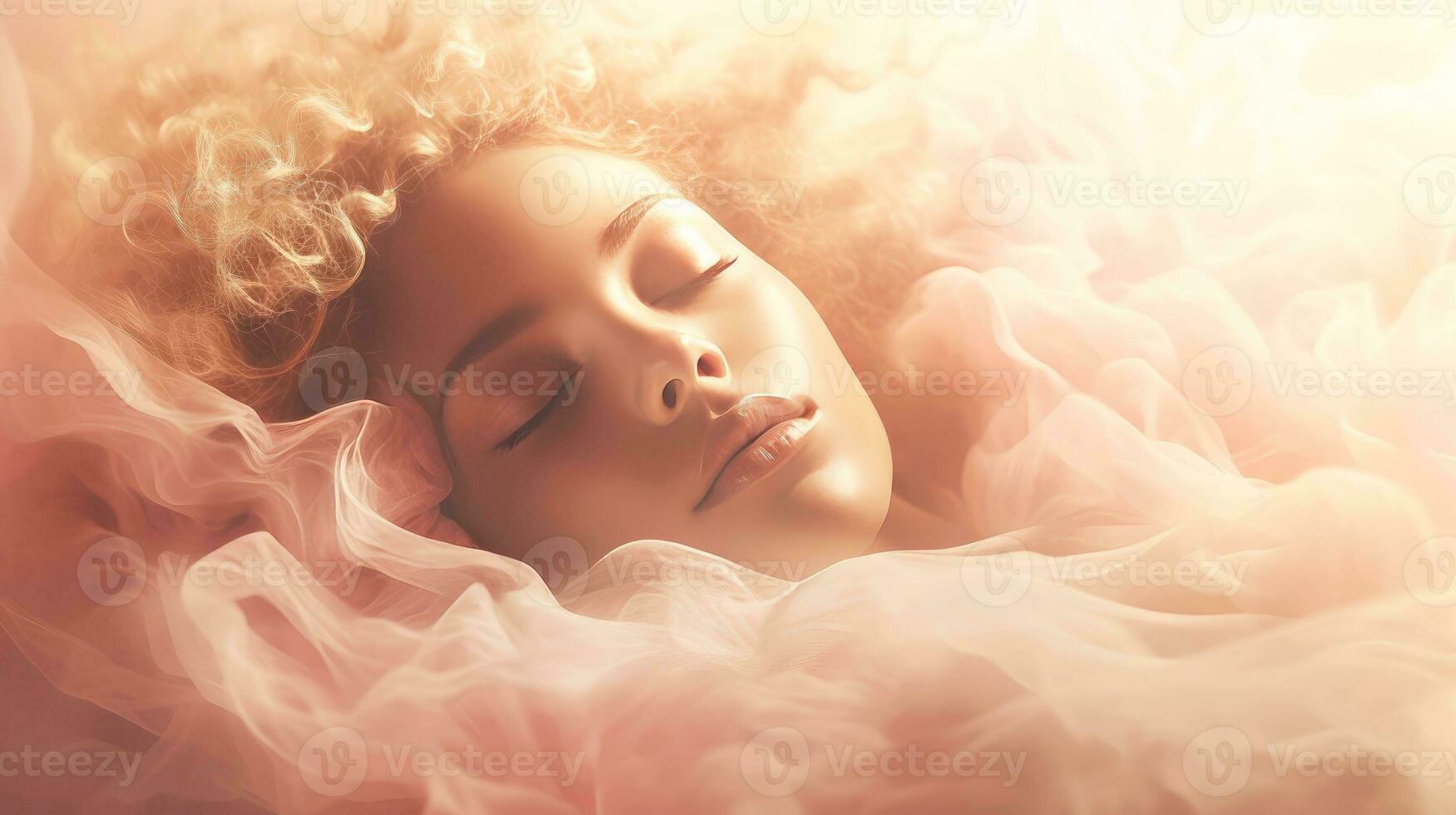 Illustration of woman sleeping and dreaming. Psychic girl considers mind and heart, spirituality, esotericism. Psychic waves concept, Generative AI illustration photo