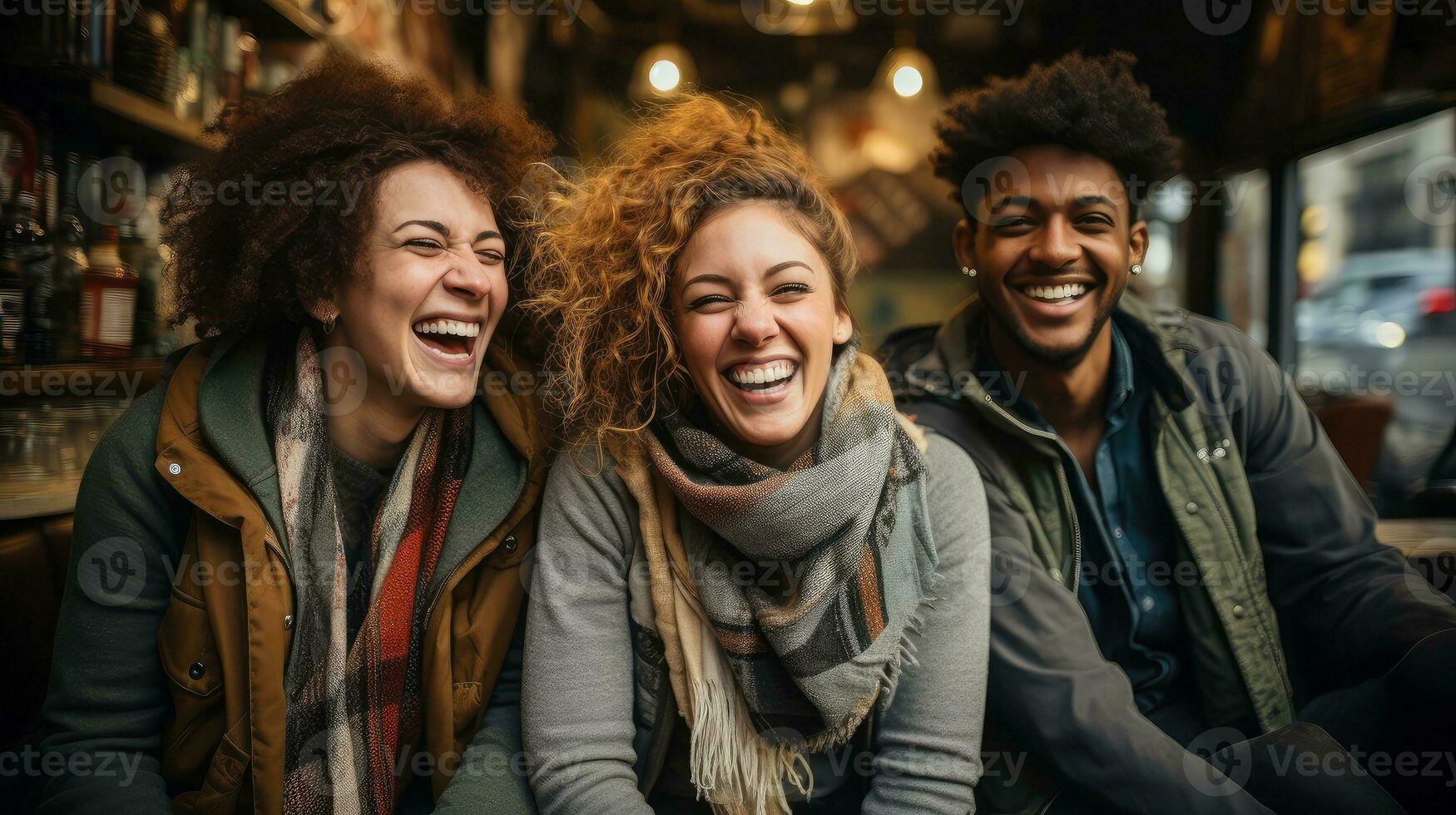 Group of happy friends and laughing, tourism, travel, peoplesharing good and positive mood, leisure and teenage concept, with blurred background, Generative AI illustration photo