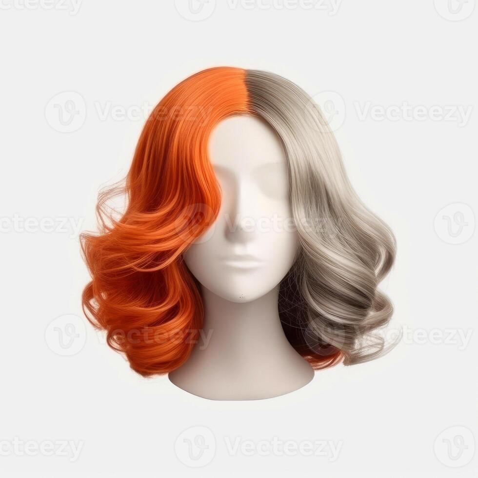 Hair wig over the plastic mannequin head isolated over the white background, mockup featuring contemporary women's hairstyles, Generative AI illustration photo