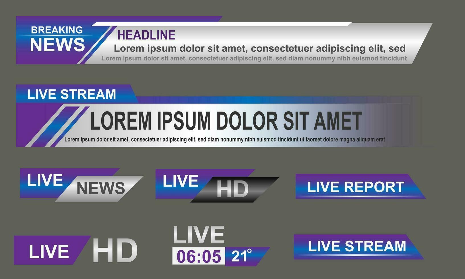 Broadcast News Lower Thirds Template layout purple grey set collection design banner for bar Headline news title, sport game in Television, Video and Media Channel vector