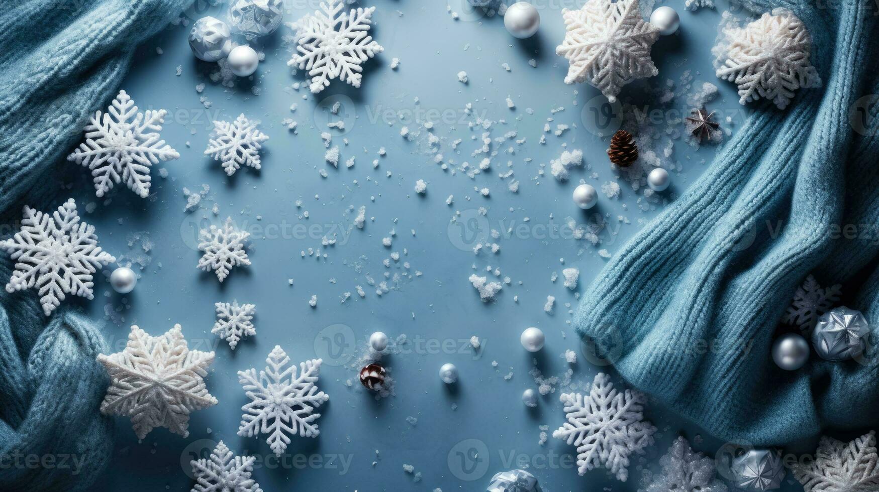 Knitted sweater backdrop with glittering snowflakes and ornaments photo