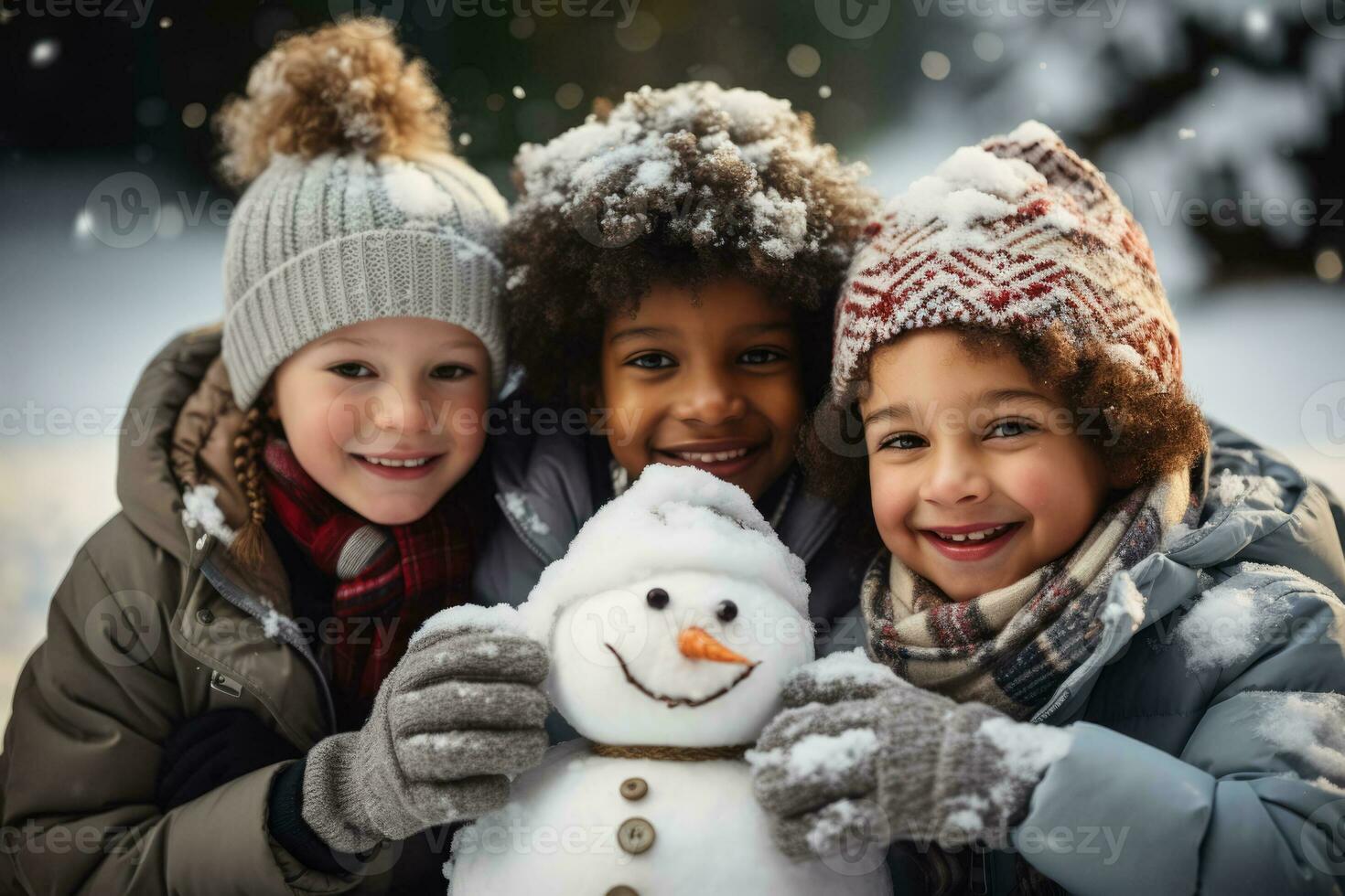 Group of kids building a snowman in the backyard all in cozy sweaters photo