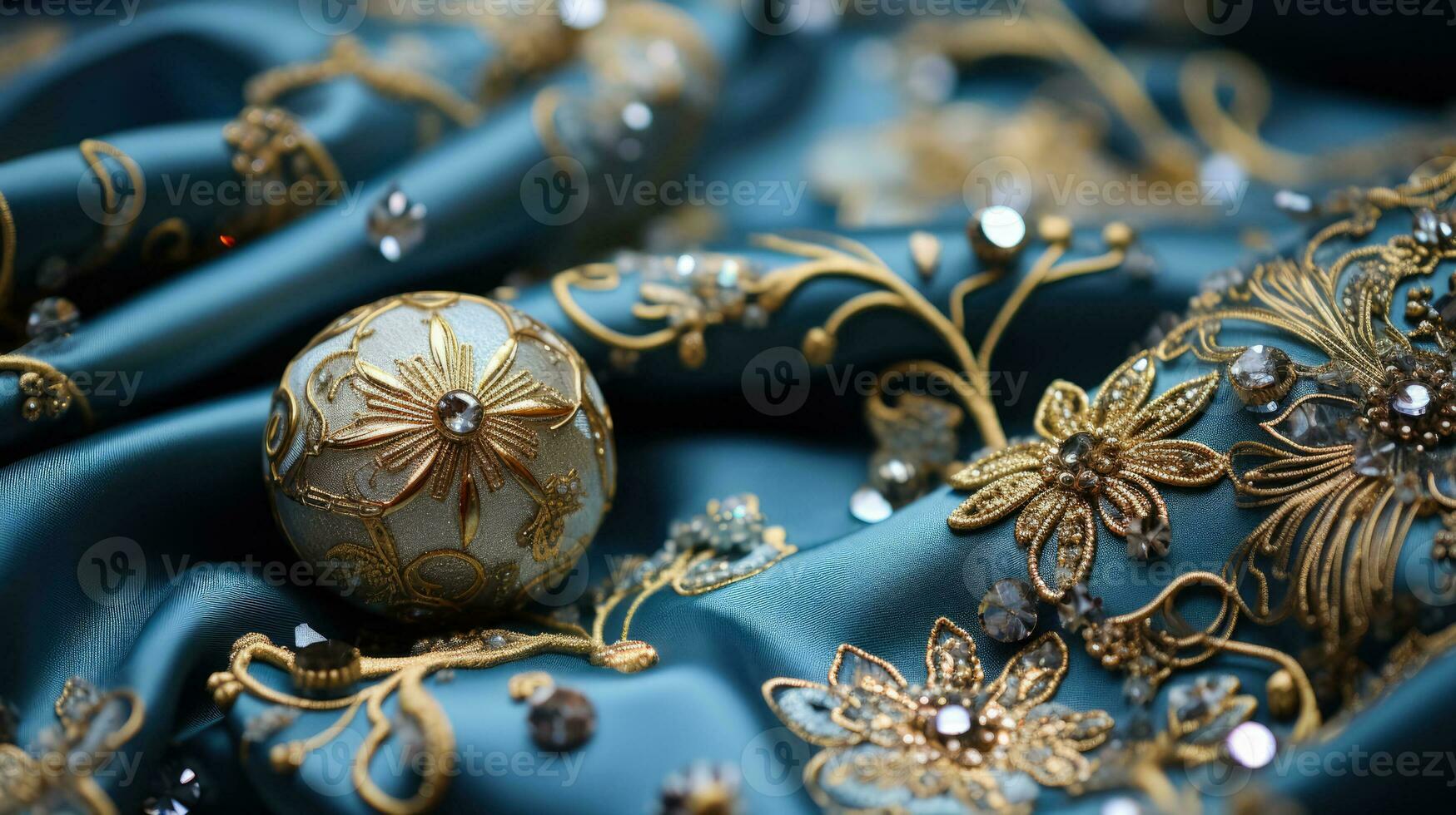 Elegant blue sweater fabric with silver and gold ornaments photo