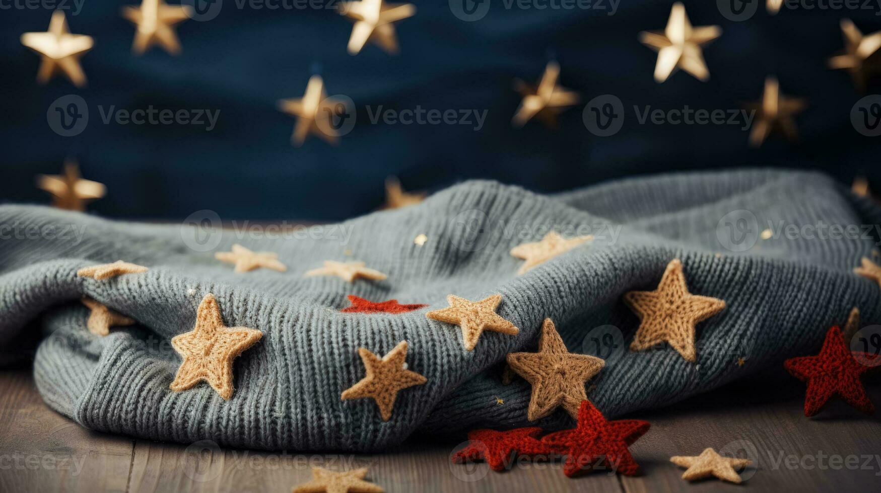 Cozy sweater texture with holiday-themed ornaments and stars photo