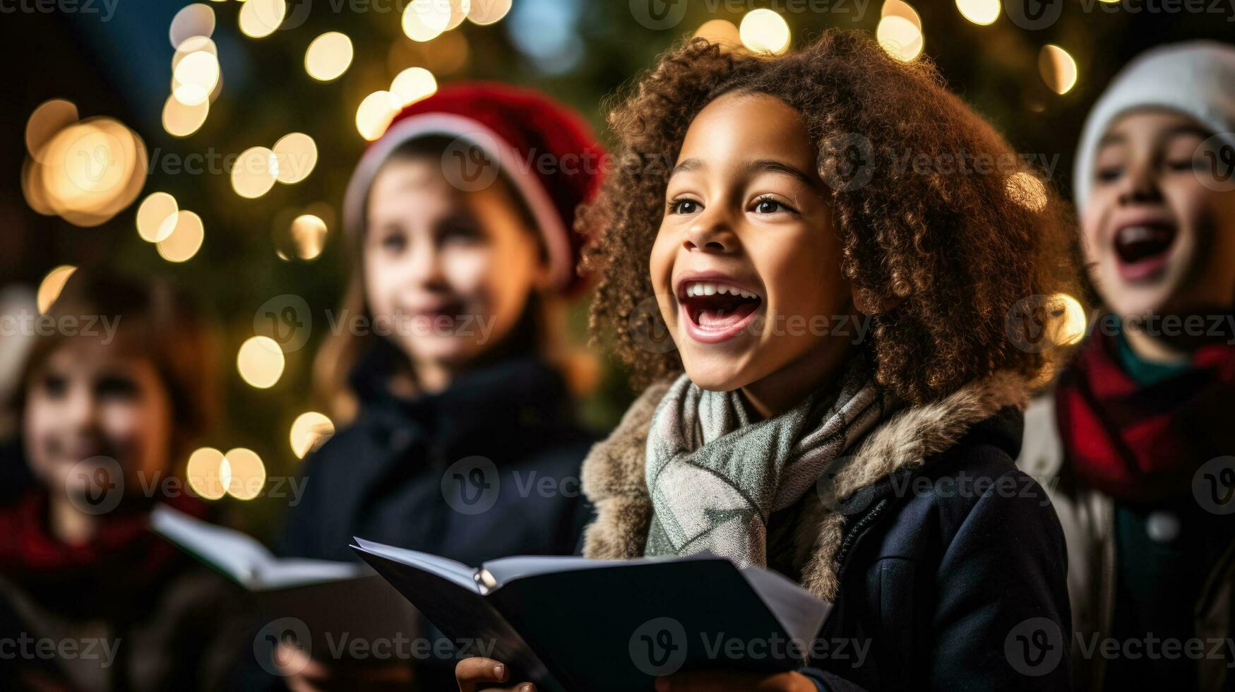 Enthusiastic carolers by a decorated Christmas tree photo