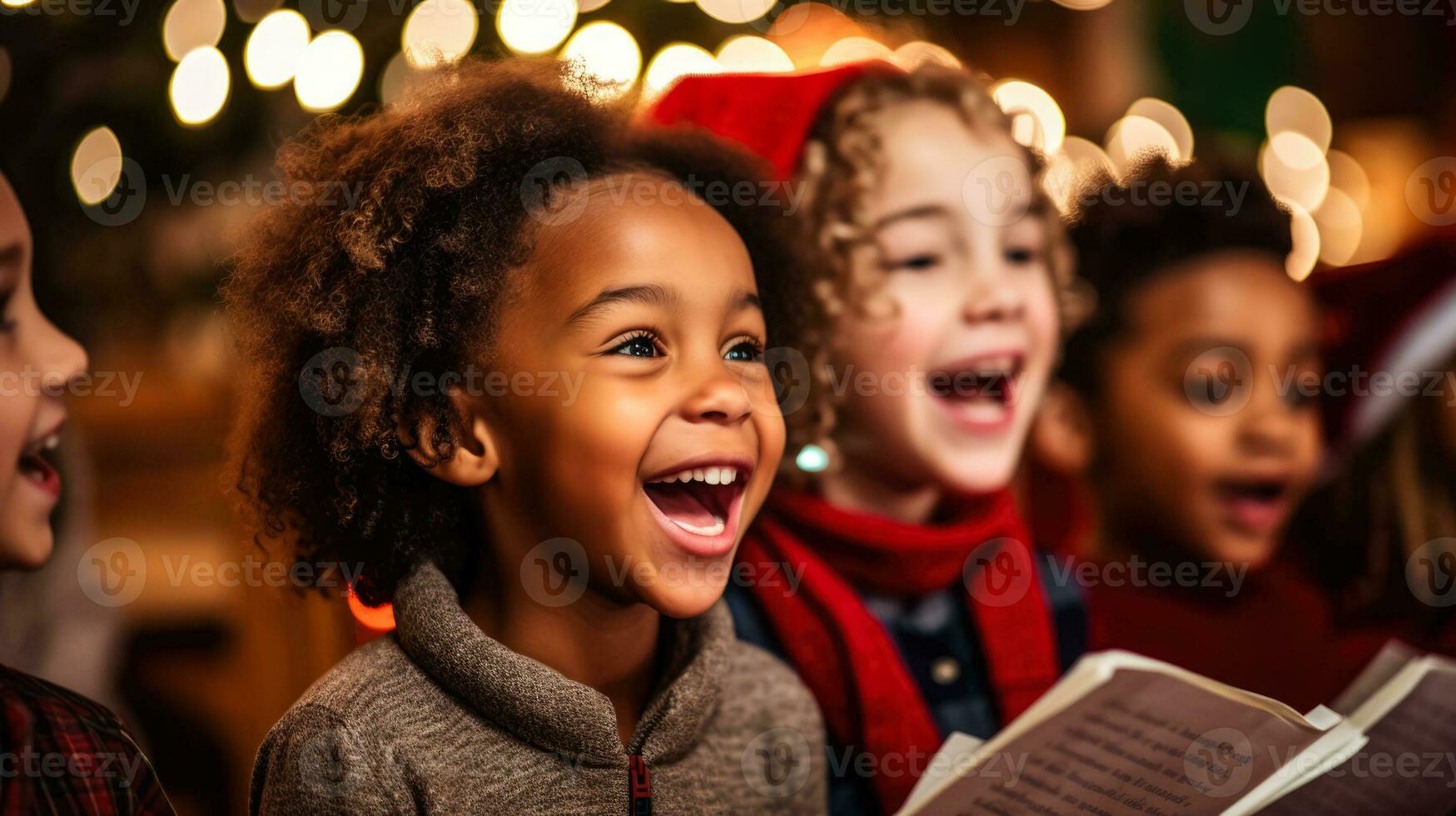 Enthusiastic carolers by a decorated Christmas tree photo